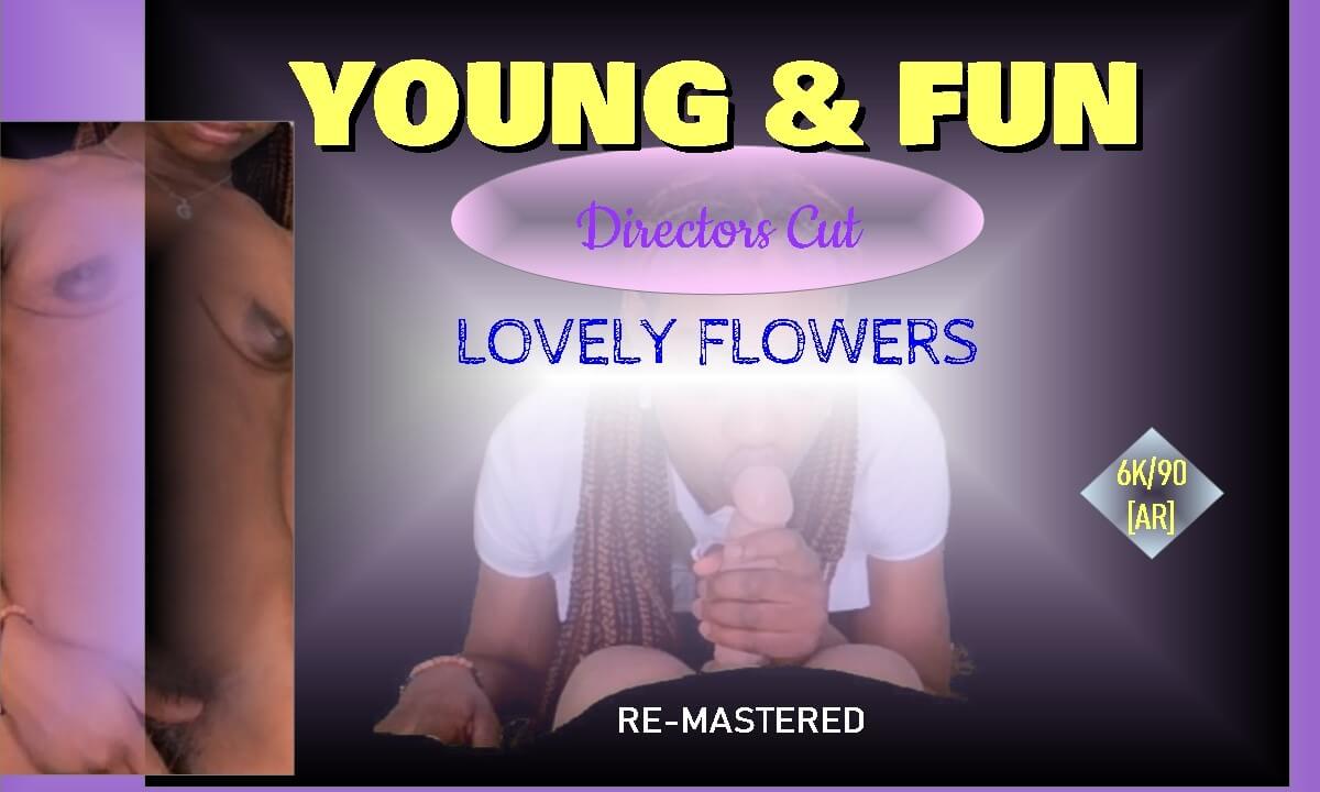Petite ebony model Lovely Flowers performs a blowjob and riding in a remastered passthrough adult VR solo video setting